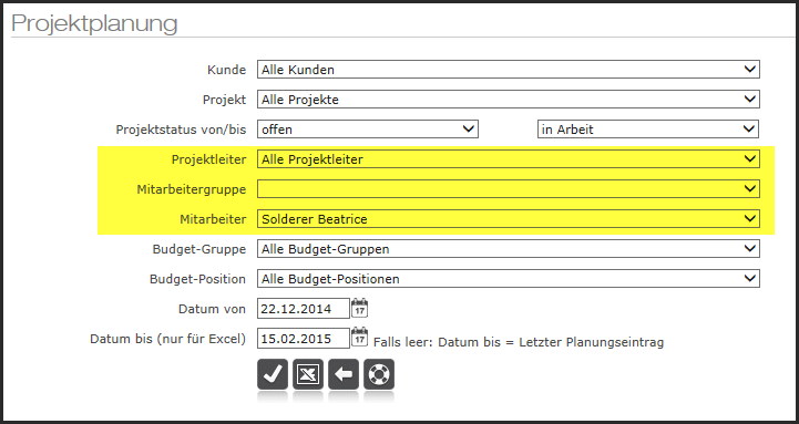 Projektplanung - Auswahldialog