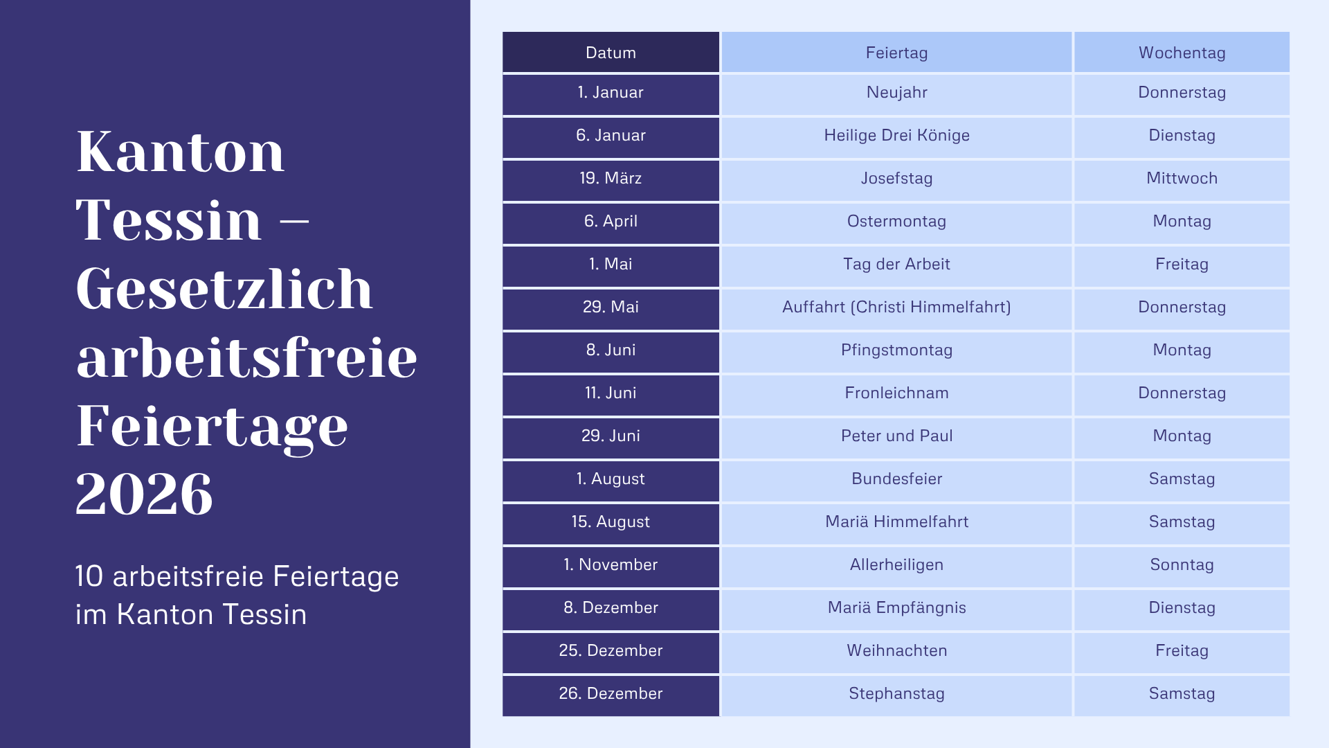 Kanton Tessin - Gesetzlich arbeitsfreie Feiertage 2026