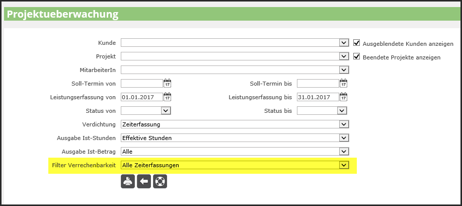 proles - Projektüberwachung - Filter Verrechenbarkeit