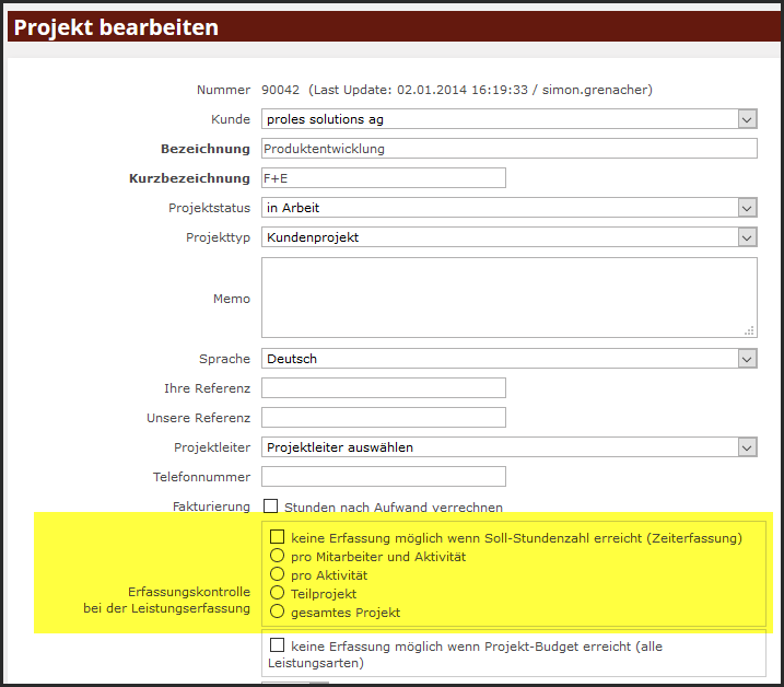 proles - Projektverwaltung - Projekt bearbeiten - Erfassungskontrolle bei der Leistungserfassung proles - Projektverwaltung - Projekt bearbeiten - Erfassungskontrolle bei der Leistungserfassung