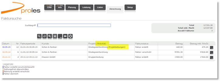 proles - Fakturierung - Faktursuche - Faktur für eine Aktivität