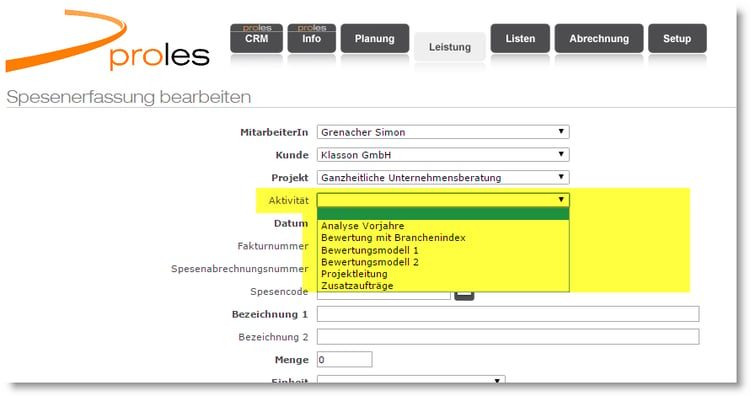 proles - Spesenerfassung bearbeiten - Spesenerfassung einer Aktivität zuordnen