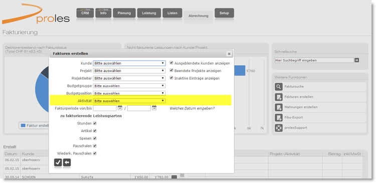 proles - Fakturierung - Fakturen erstellen (pro Aktivität)