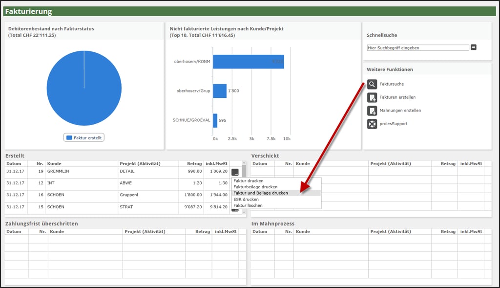 proles - Fakturierung - Übersicht - Faktur und Beilage drucken (Einzelabruf)