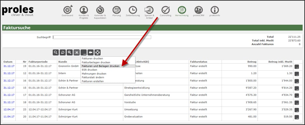 proles - Fakturierung - Faktursuche - Fakturen und Beilagen drucken (Mehrfachabruf)