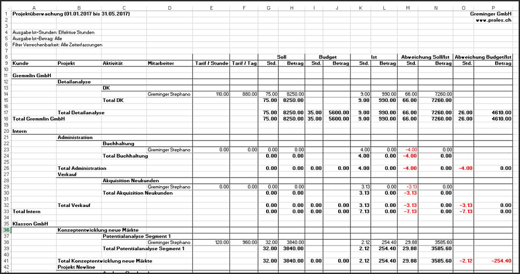 proles - Projektüberwachung - Excel-Export - Verdichtung Mitarbeiter