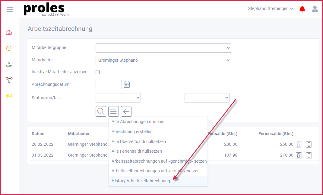 proles - Arbeitszeitabrechnung - Aufruf History Arbeitszeitabrechnung