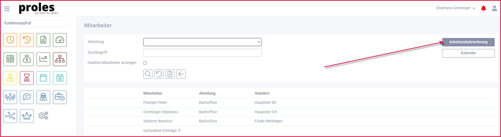 proles - Arbeitszeitabrechnung - Aufruf via Mitarbeiter-Übersicht