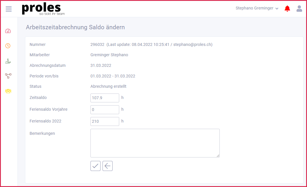 proles - Arbeitszeitabrechnung - Saldo ändern