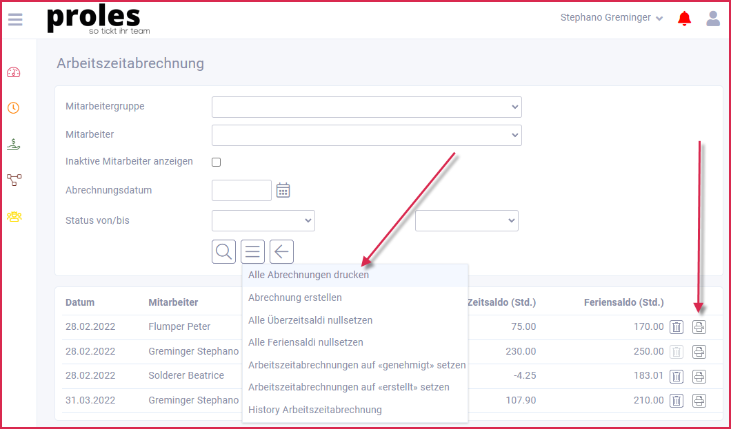 proles - Arbeitszeitabrechnungen - Arbeitszeitabrechnung drucken