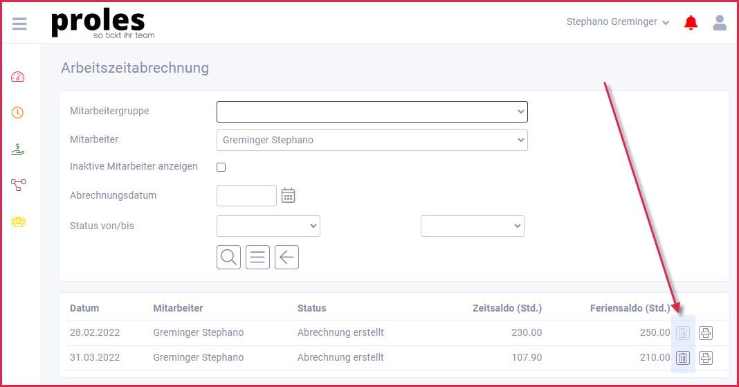 proles - Arbeitszeitabrechnungen - Arbeitszeitabrechnung löschen