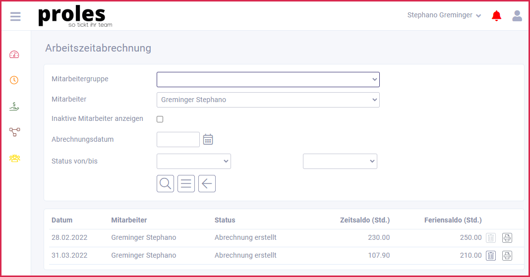 proles - Arbeitszeitabrechnungen - Arbeitszeitabrechnung zur Bearbeitung selektieren