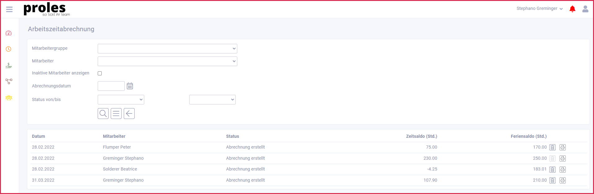 proles - Arbeitszeitabrechnungen - Selektion und Übersicht