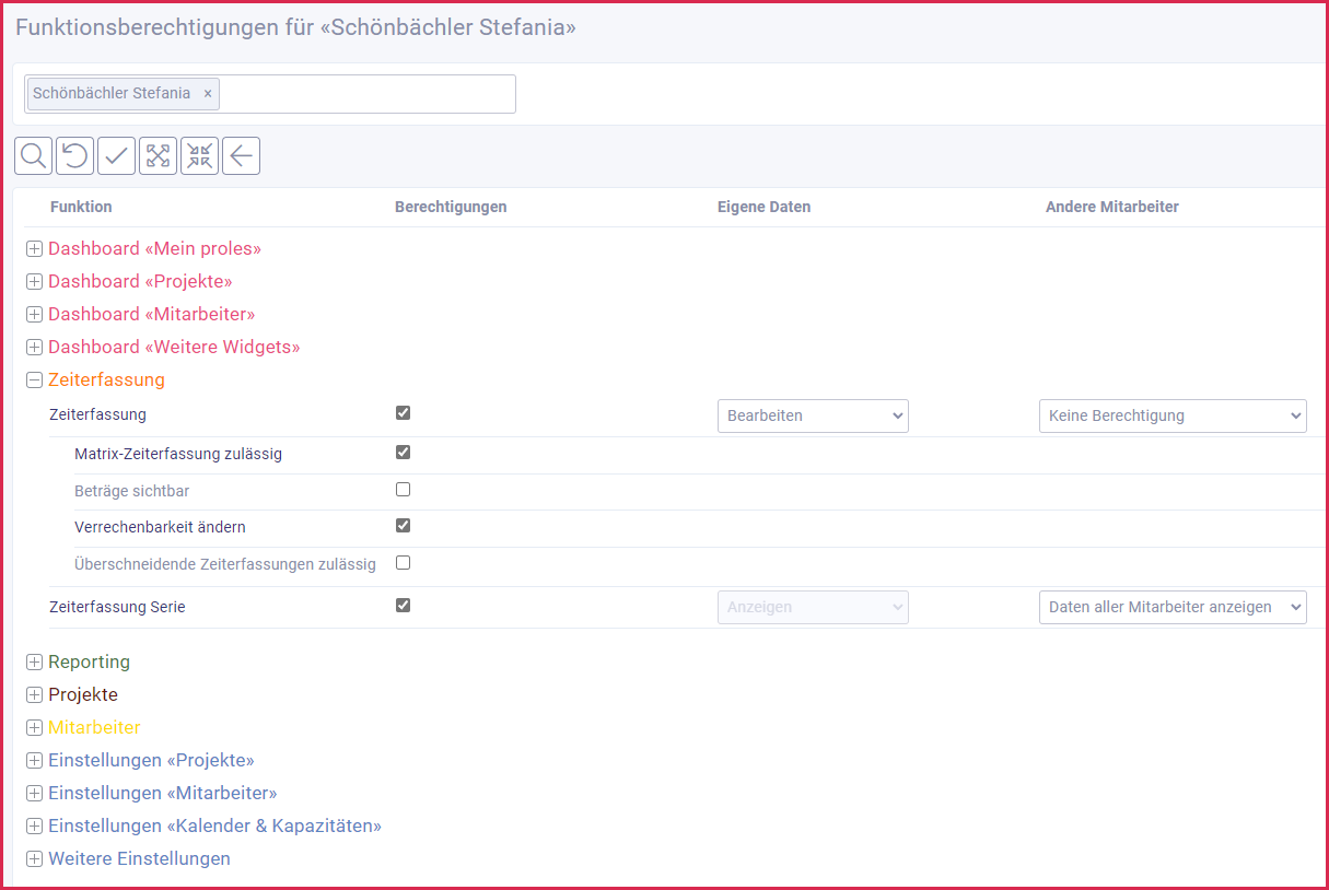 proles - Funktions- und Projektberechtigungen - Funktionsberechtigungen für einen Mitarbeiter bearbeiten