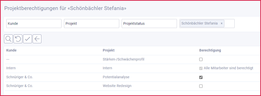 proles - Funktions- und Projektberechtigungen - Projektberechtigungen für einen Mitarbeiter bearbeiten