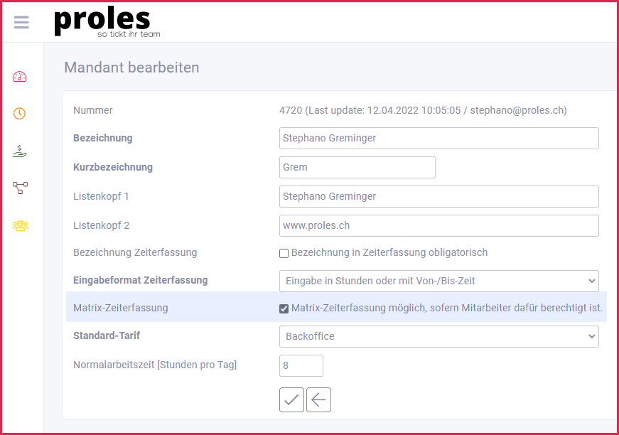 proles - Mandant bearbeiten - Matrix-Zeiterfassung aktivieren