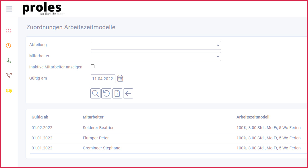 proles - Zuordnungen Arbeitszeitmodelle - Übersicht