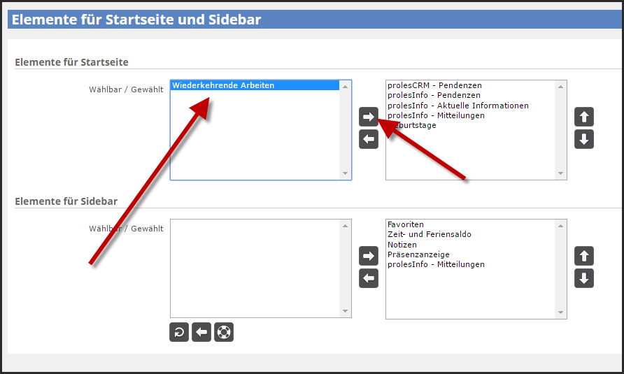 Einstellungen Startseite und Sidebar