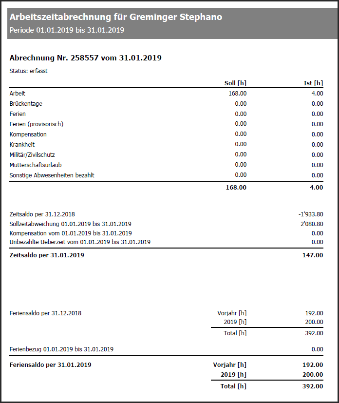 proles - Arbeitszeitabrechnungen - Gedruckte Arbeitszeitabrechnung