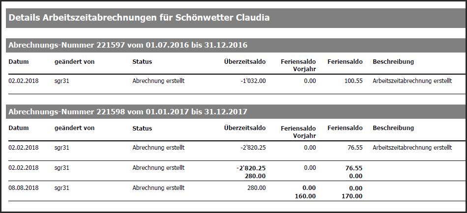 proles - Logfile Arbeitszeitabrechnungen - Listenbeispiel